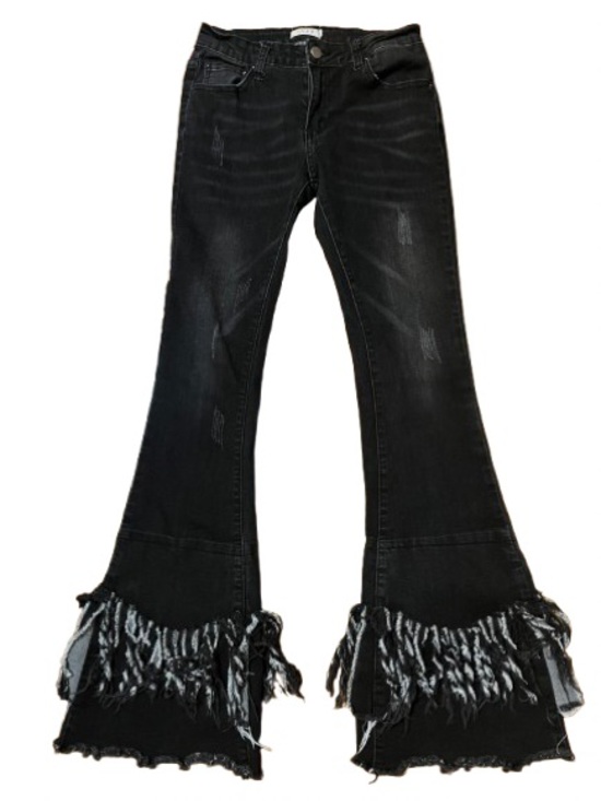 Moda Luxe Denim - Luxe Moda Black Distressed Flare Jeans with Fringe Hem Size 4